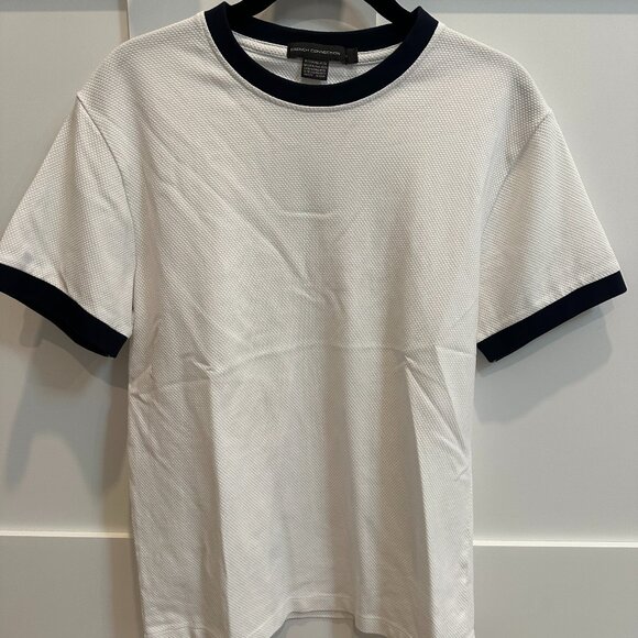 French Connection White Textured Tee with Navy Trim, Small - Picture 1 of 2